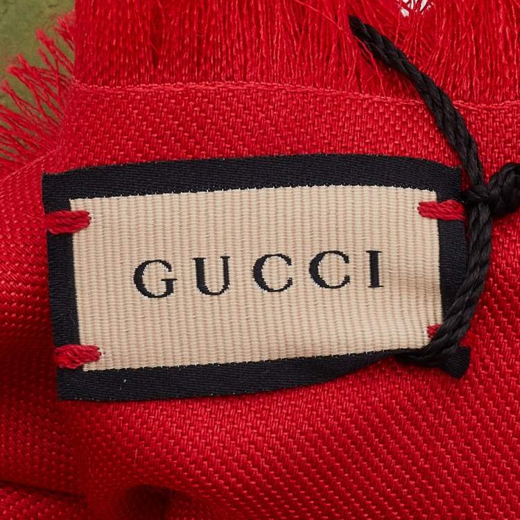Pre Owned Gucci Red Logo Jacquard Silk & Wool Scarf