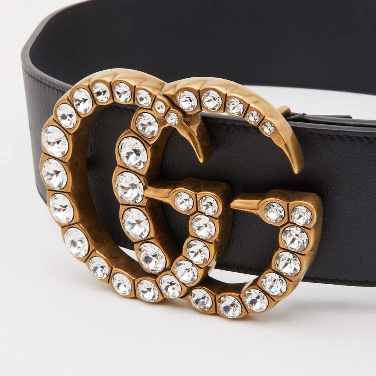 Pre Owned Gucci Black Leather GG Crystals Wide Belt 75CM