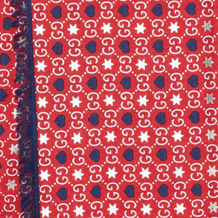 Pre Owned Gucci Red & Blue Heart and Star Printed Modal & Silk Square Scarf
