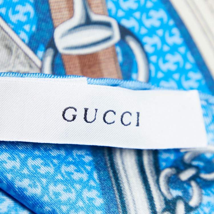 Pre Owned Gucci Blue Monogram Chain Printed Silk Square Scarf  