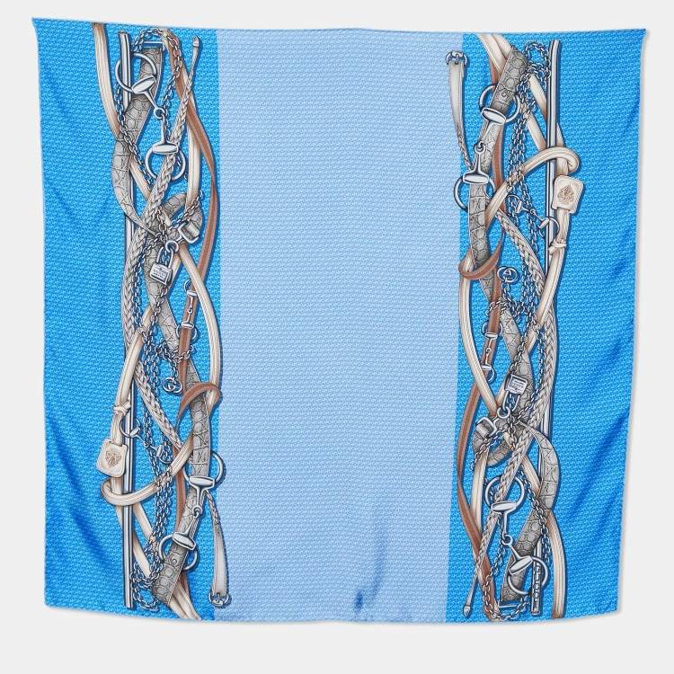 Pre Owned Gucci Blue Monogram Chain Printed Silk Square Scarf  