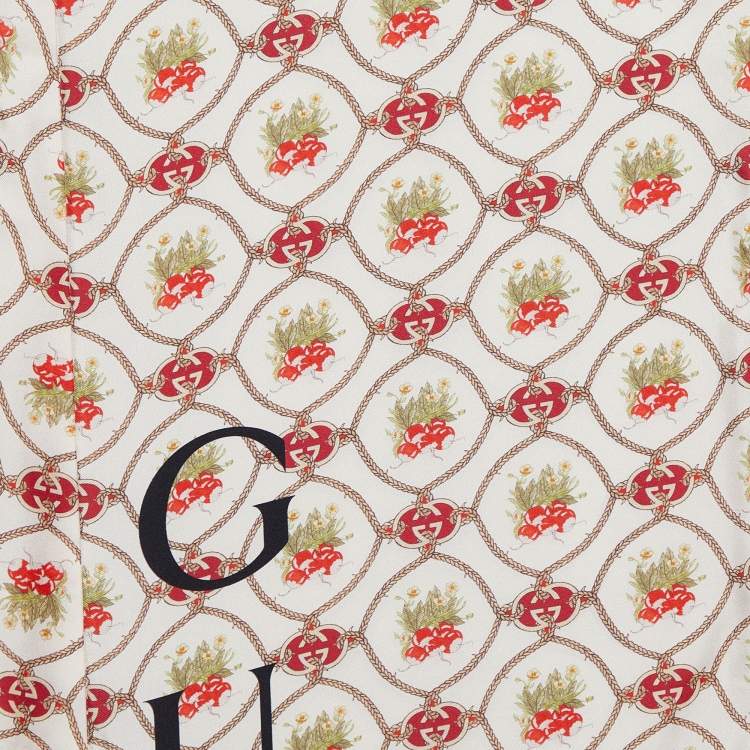 Pre Owned Gucci 100 Cream/Red Silk Monogram Floral Print Stole
