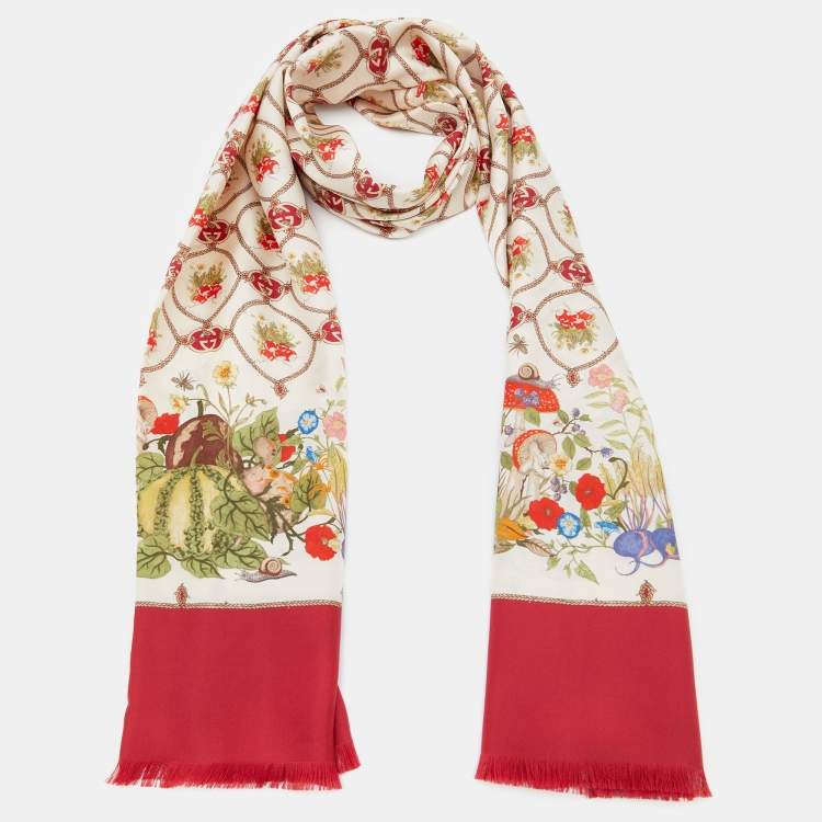 Pre Owned Gucci 100 Cream/Red Silk Monogram Floral Print Stole