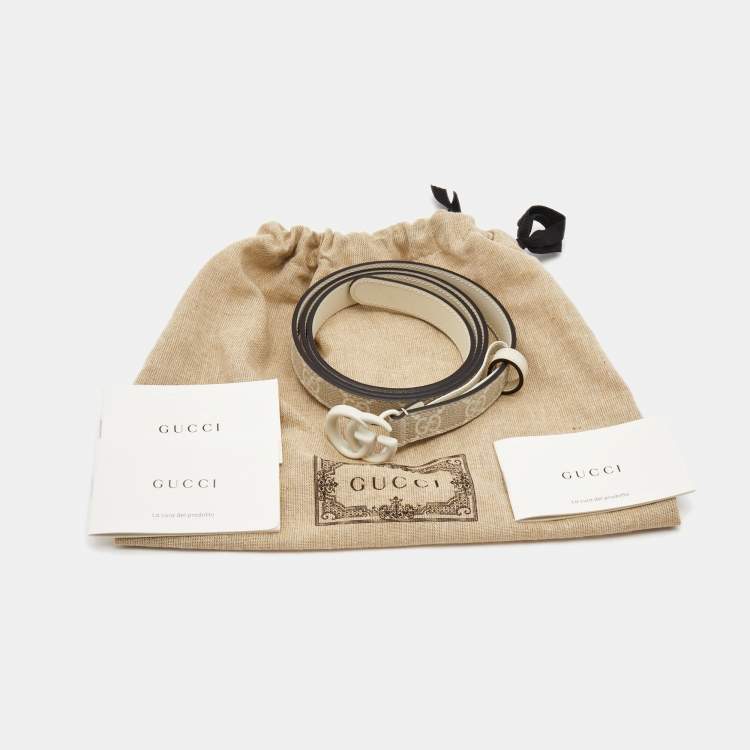 Pre Owned Gucci White GG Supreme Canvas and Leather Double G Slim Belt 100CM