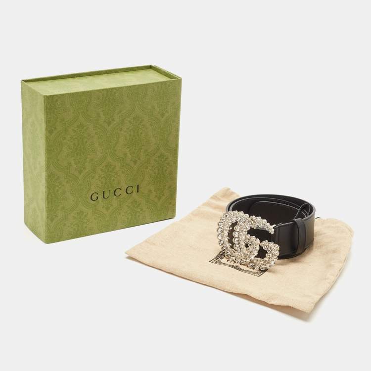 Pre Owned Gucci Black Leather Crystal Double G Buckle Belt 75CM