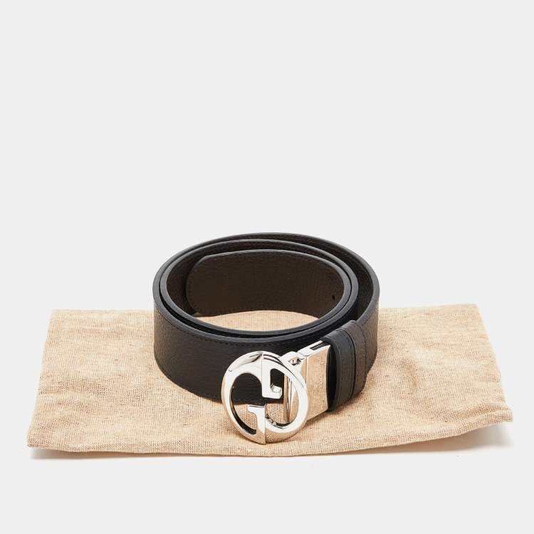 Pre Owned Gucci Black/Brown Leather Interlocking G Reversible Buckle Belt 85CM