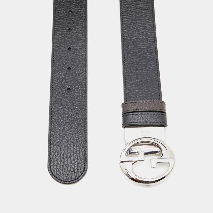 Pre Owned Gucci Black/Brown Leather Interlocking G Reversible Buckle Belt 85CM