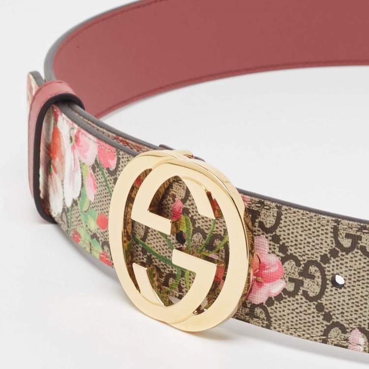 Pre Owned Gucci Beige/Pink GG Supreme Blooms Print Canvas Interlocking G Buckle Belt 80CM