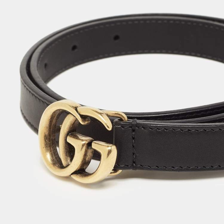 Pre Owned Gucci Black Leather Slim Double G Buckle Belt 70CM