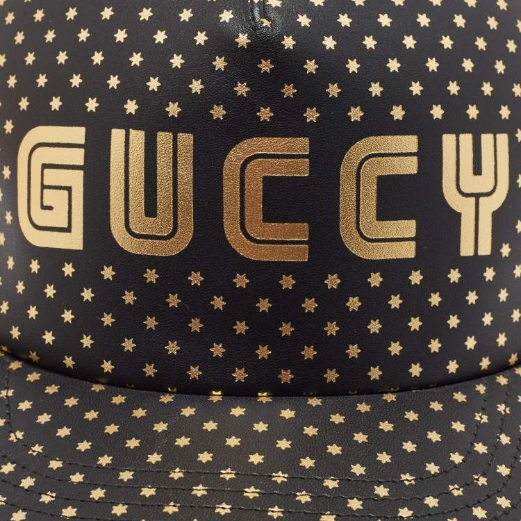 Pre Owned Gucci Black Guccy Stars Print Leather & Mesh Baseball Cap M