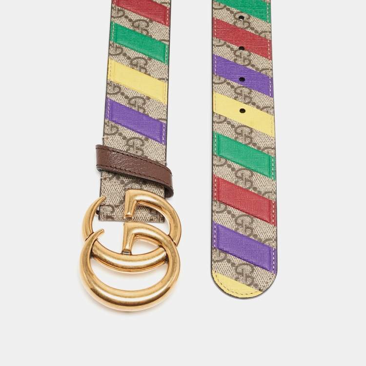 Pre Owned Gucci Beige GG Supreme Canvas Stripe Double G Buckle Belt 70CM