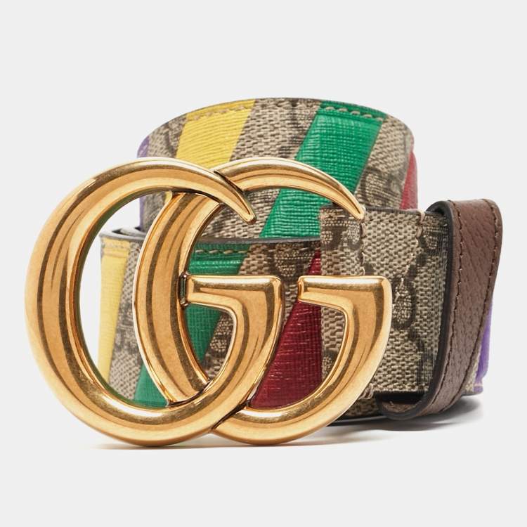 Pre Owned Gucci Beige GG Supreme Canvas Stripe Double G Buckle Belt 70CM