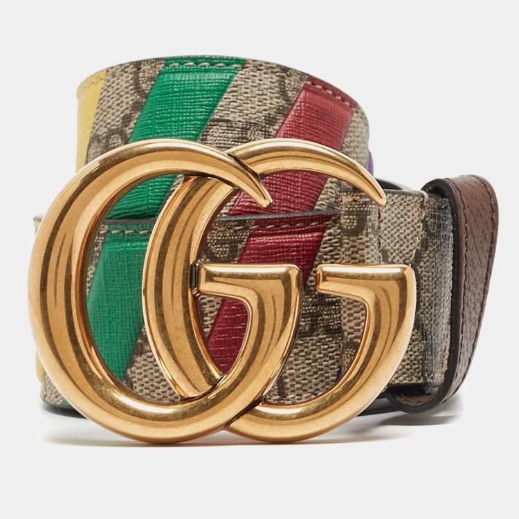 Pre Owned Gucci Beige GG Supreme Canvas Stripe Double G Buckle Belt 70CM
