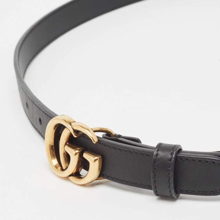 Pre Owned Gucci Black Leather Double G Buckle Slim Belt 85 CM