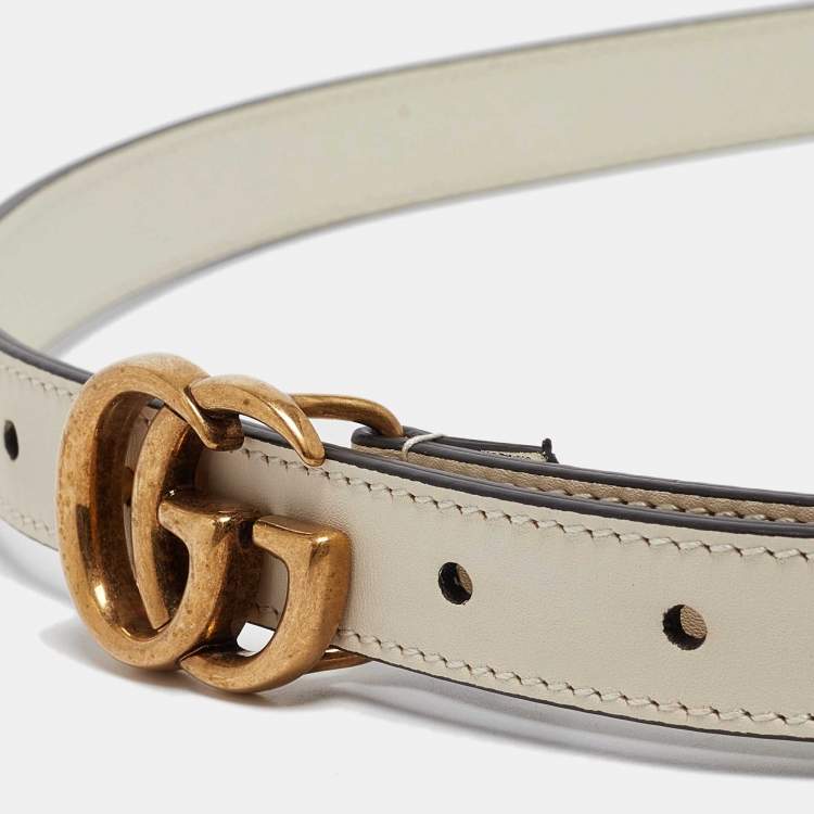 مملوكة مسبقًا Gucci Cream Leather GG Marmont Buckle Slim Belt 95CM