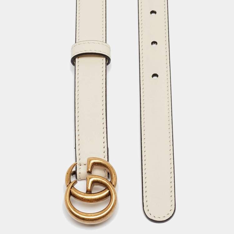 مملوكة مسبقًا Gucci Cream Leather GG Marmont Buckle Slim Belt 95CM