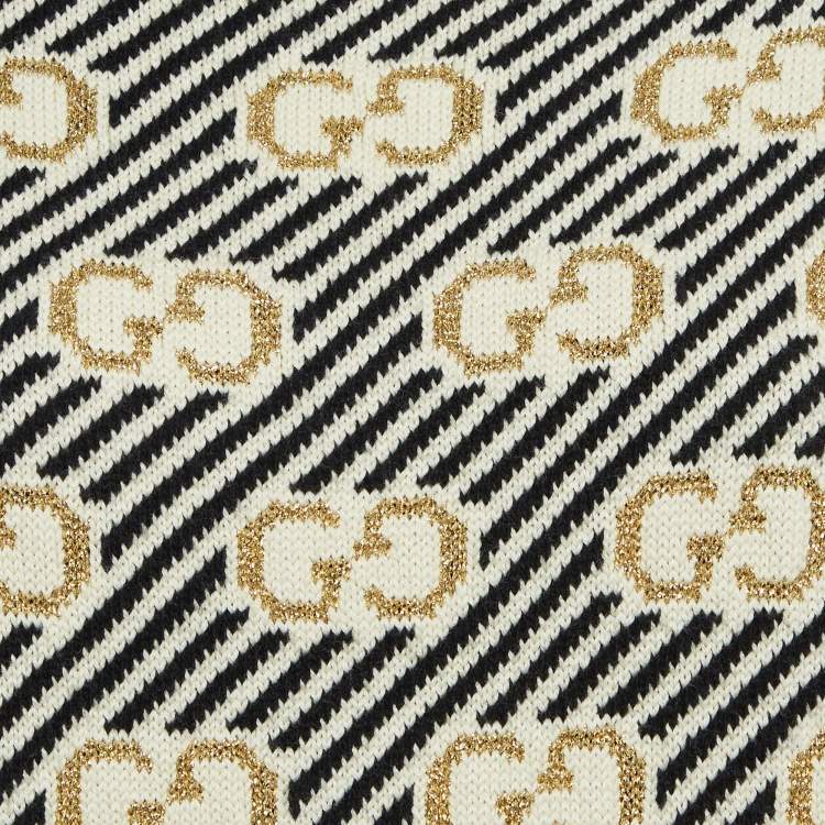 Pre Owned Gucci Off White/Black GG Lurex Jacquard Wool Crewneck Sweater XS