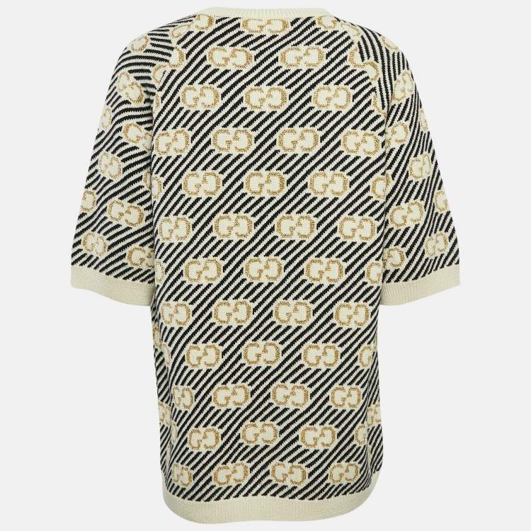 Pre Owned Gucci Off White/Black GG Lurex Jacquard Wool Crewneck Sweater XS