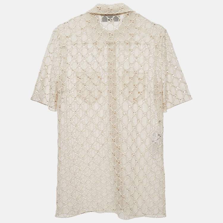 مملوكة مسبقًا Gucci Beige Macrame Lace Sheer Shirt M