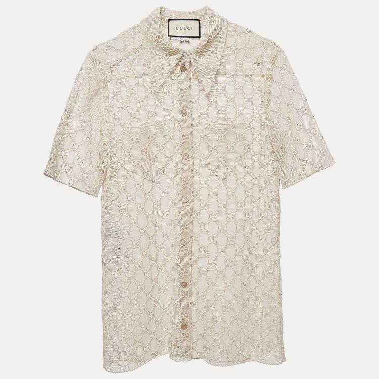 مملوكة مسبقًا Gucci Beige Macrame Lace Sheer Shirt M