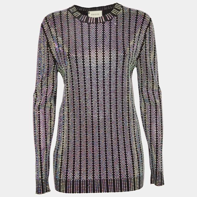 Pre Owned Gucci Black Stretch Knit Rhinestones Detail Sweater M