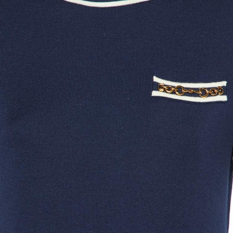 Pre Owned Gucci Navy Blue Wool Knit Horsebit Detail Mini Dress S