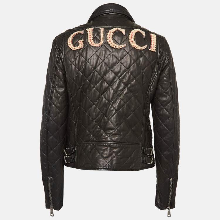 Pre Owned Gucci Black Pearl Logo Embellished Leather Biker Jacket M
