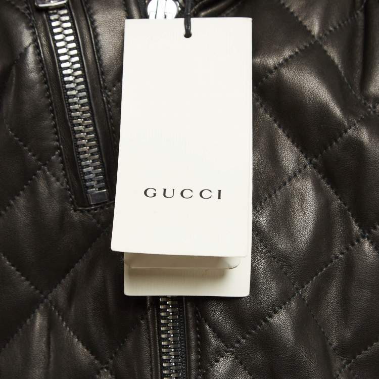 Pre Owned Gucci Black Pearl Logo Embellished Leather Biker Jacket M