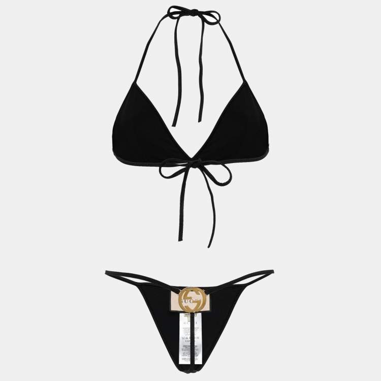Pre Owned Gucci Black Jersey Interlocking G Bikini L