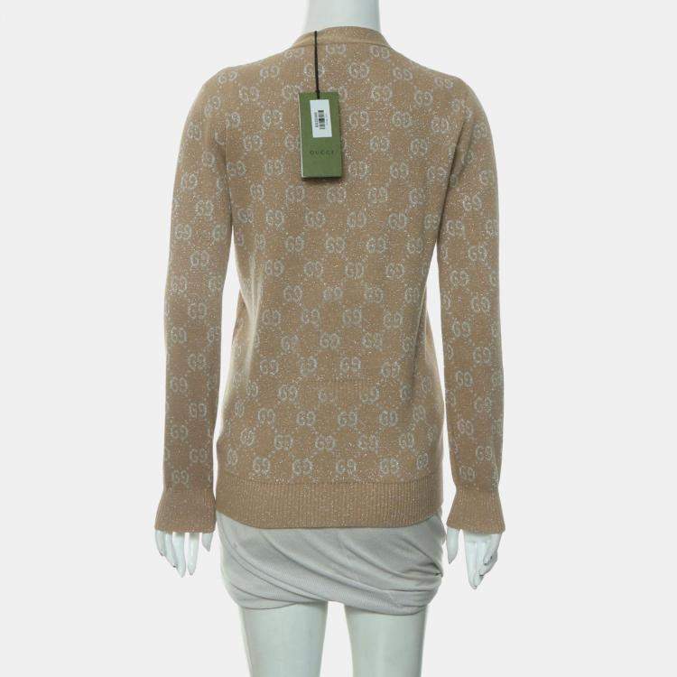 Pre Owned Gucci Light Brown, Camel, Beige Cotton, Metallised Fiber, GG Jacquard Cardigan XS
