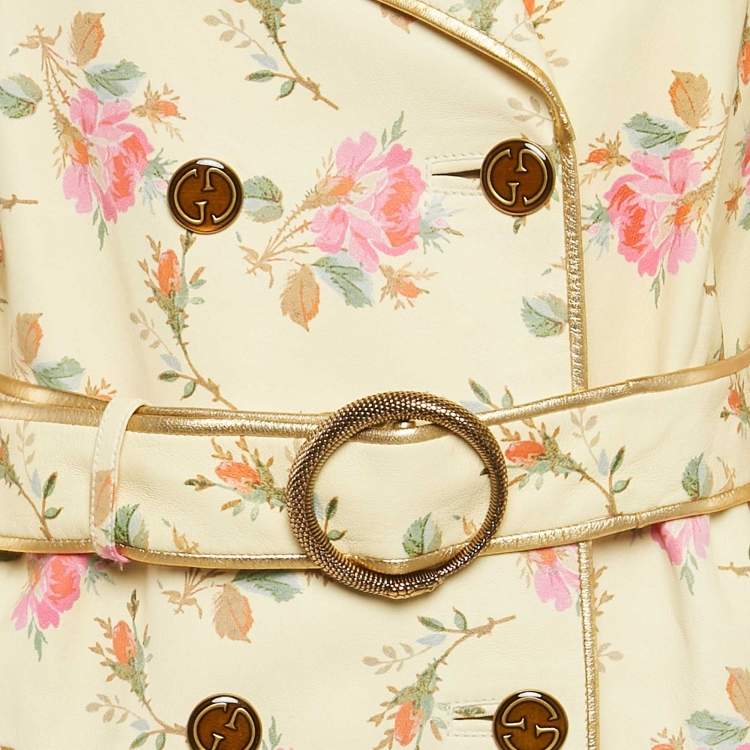 Pre Owned Gucci Yellow Floral Leather Double Breasted Coat M