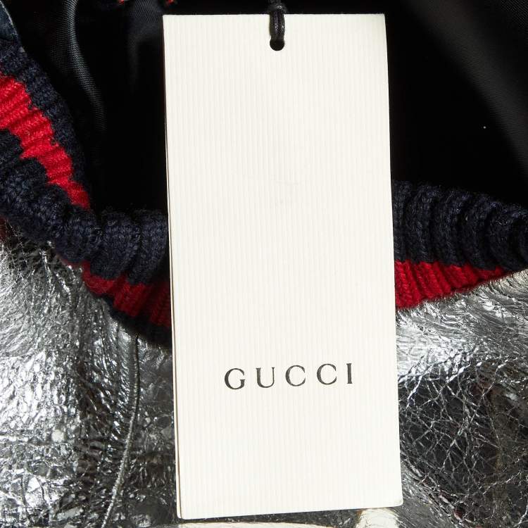 Pre Owned Gucci Silver Metallic Crinkle Leather Bomber Jacket XL