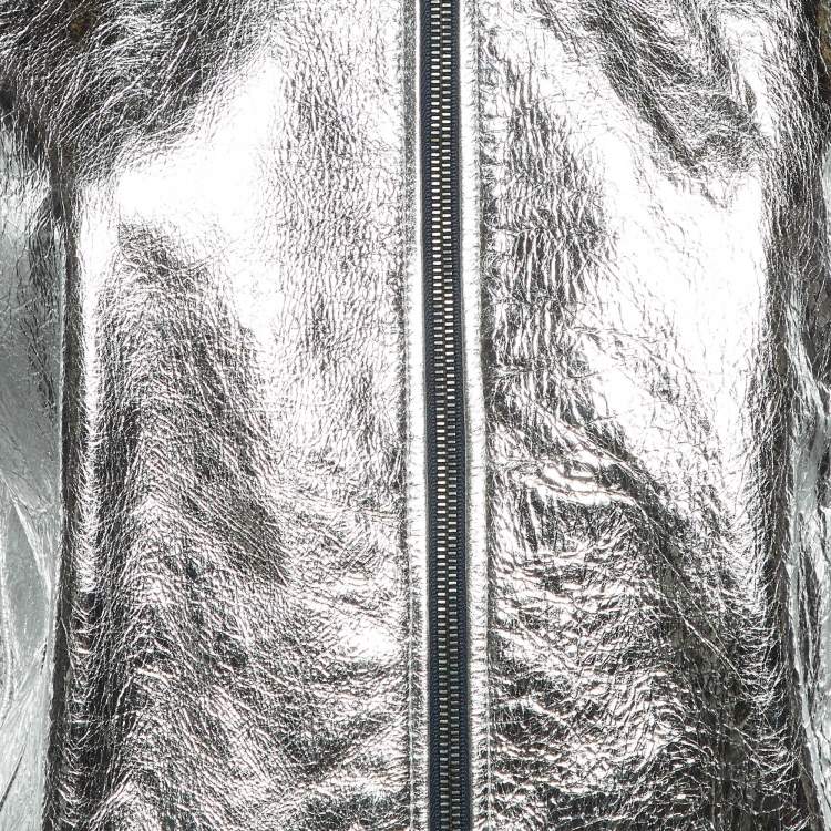 Pre Owned Gucci Silver Metallic Crinkle Leather Bomber Jacket XL