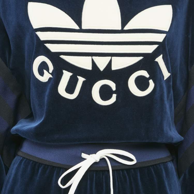 Pre Owned Gucci Navy Blue Velour Logo Applique Detail Short Dress S