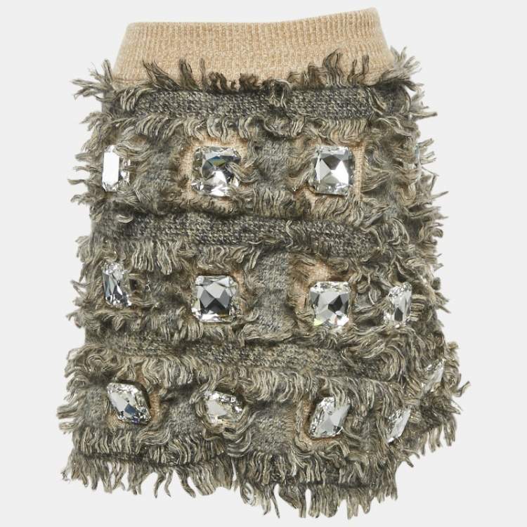 Pre Owned Gucci Beige Fringed Wool Heavy Crystal Embellished Mini Skirt XS