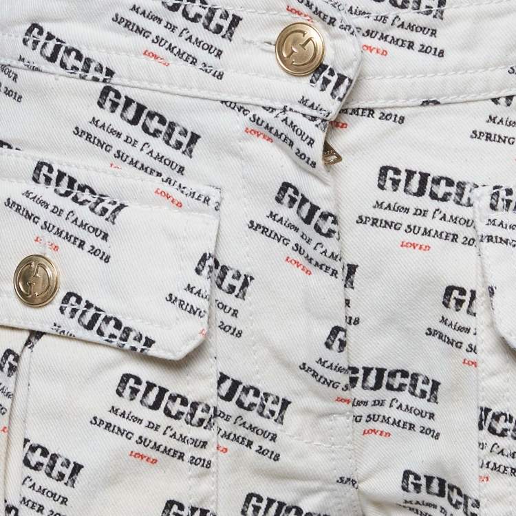 Pre Owned Gucci Off-White Denim Logo Print Short S Waist 26"