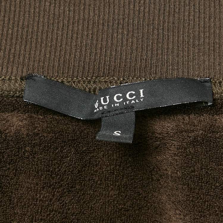 Pre Owned Gucci Khaki Green Cotton Knit Monogram Panel Detail Hooded Zip-Up Jacket S