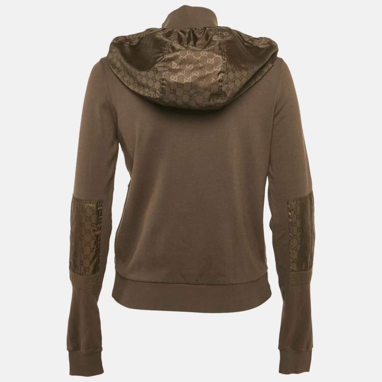 Pre Owned Gucci Khaki Green Cotton Knit Monogram Panel Detail Hooded Zip-Up Jacket S