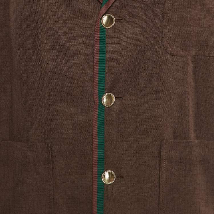 Pre Owned Gucci Brown Web Stripe Linen Blend Bowling Shirt S