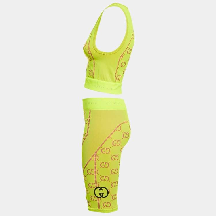 Pre Owned Gucci Acid Green GG Jacquard Technical Crop Top and Biker Shorts Set S/M