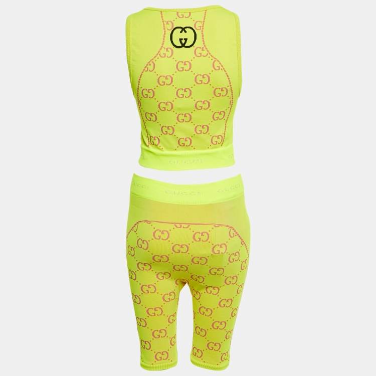 Pre Owned Gucci Acid Green GG Jacquard Technical Crop Top and Biker Shorts Set S/M