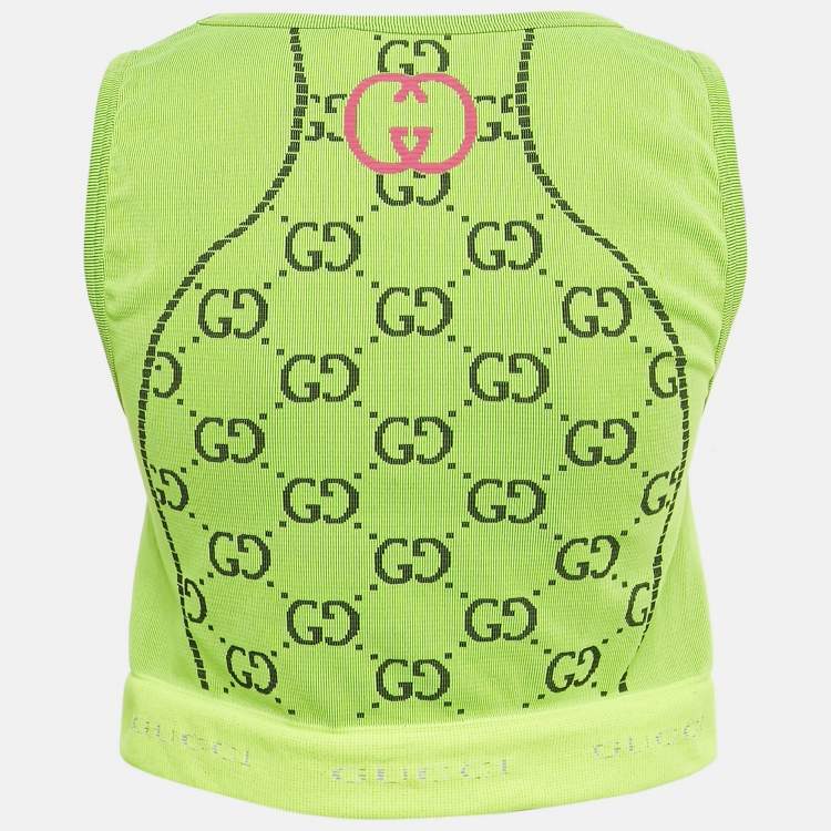 Pre Owned Gucci Fluorescent Green GG Jacquard Crop Tank Top M