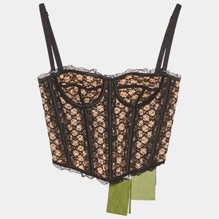 مملوكة مسبقًا Gucci Black GG Lace and Satin Corset Top XXS