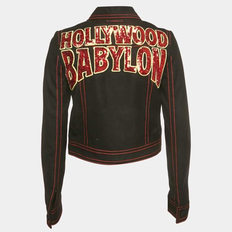 Pre Owned Gucci Black Denim Hoywood Babylon Embellised Zip Front Jacket XS