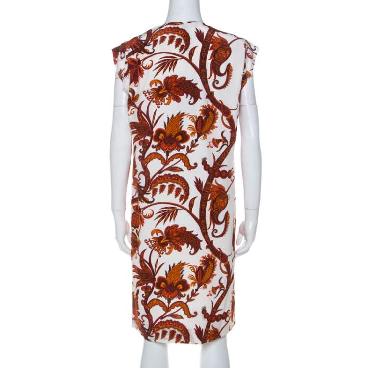 Pre Owned Gucci Whte & Orange Paisley Print Silk Shift Dress M
