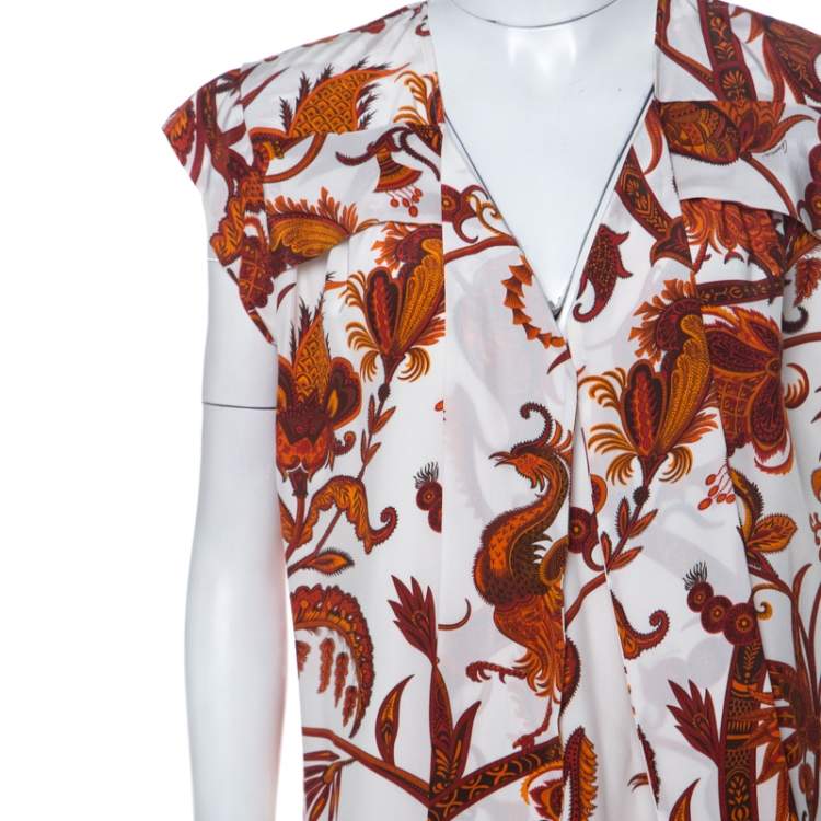 Pre Owned Gucci Whte & Orange Paisley Print Silk Shift Dress M