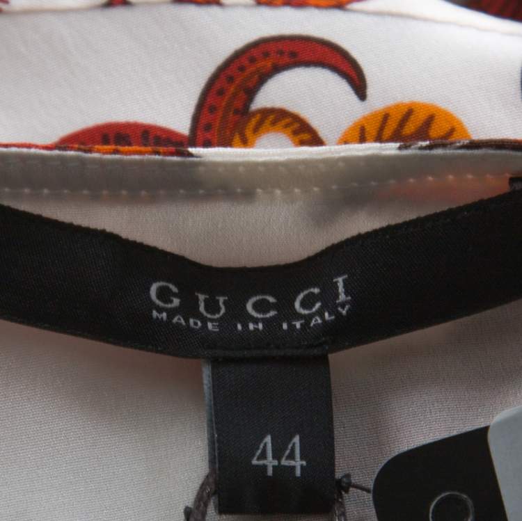 Pre Owned Gucci Whte & Orange Paisley Print Silk Shift Dress M