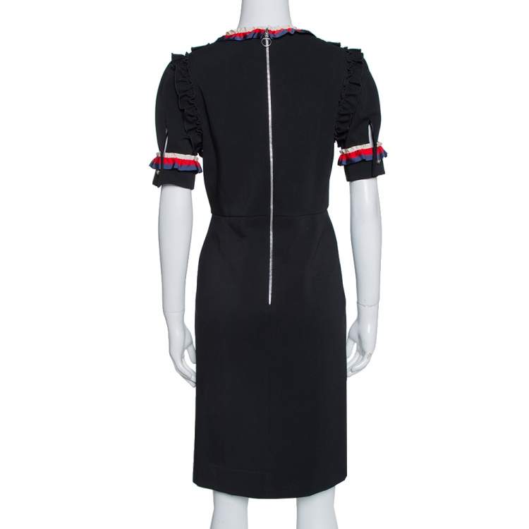 Pre Owned Gucci Black Jersey Web Trim Ruffled Sheath Dress L