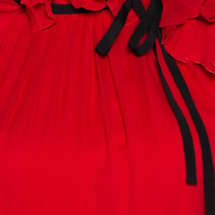 Pre Owned Gucci Red Silk Ruffle Detail Shift Dress L