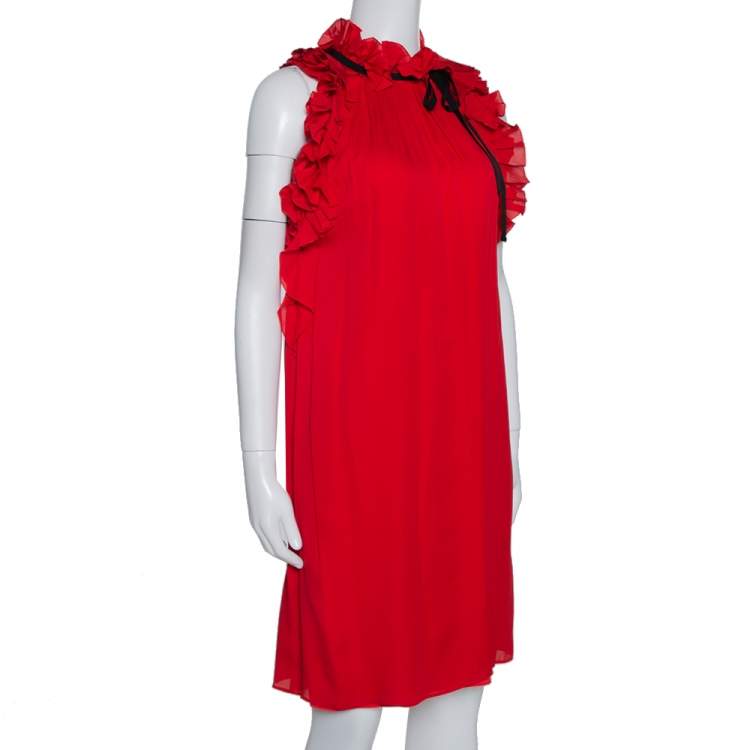 Pre Owned Gucci Red Silk Ruffle Detail Shift Dress L